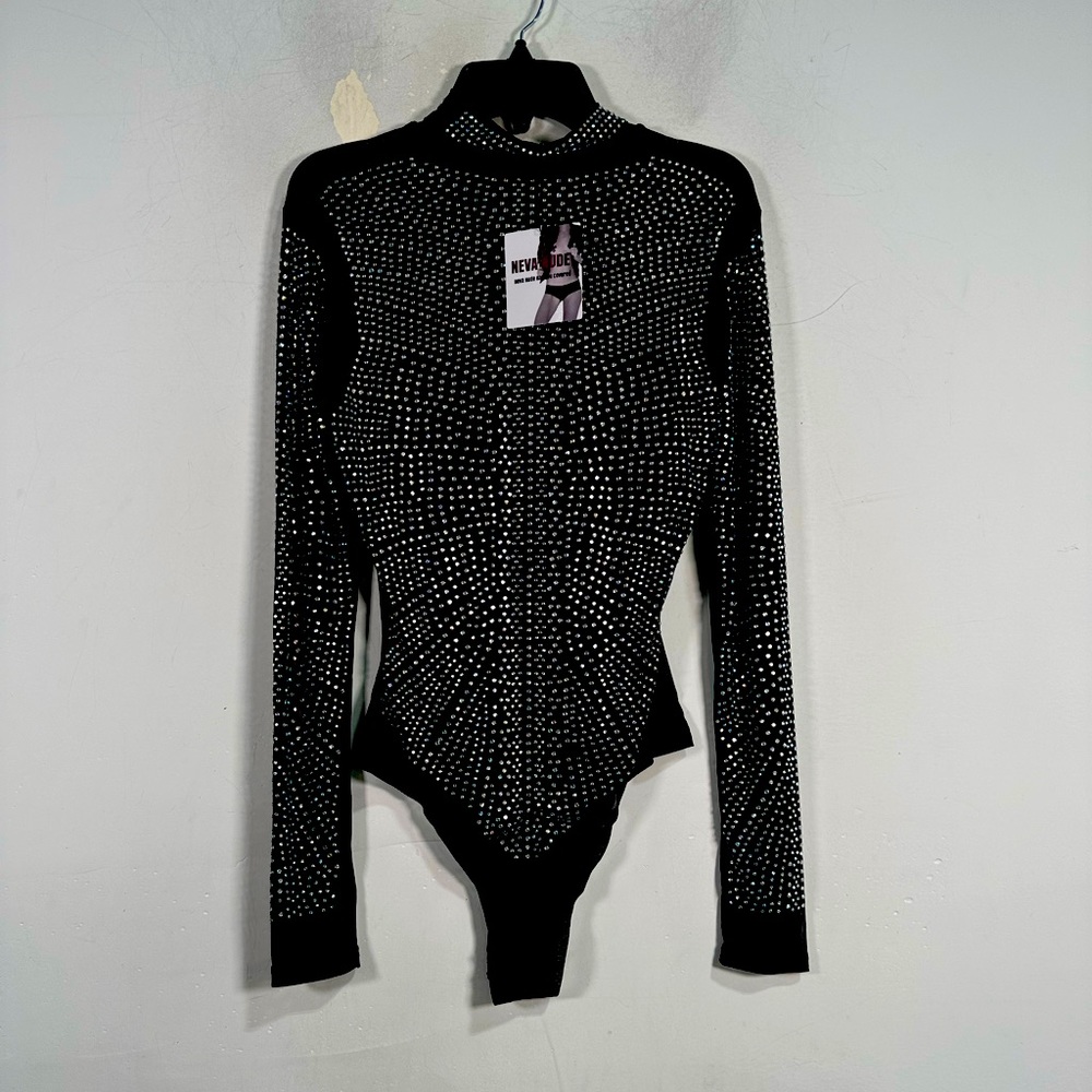 Neva Nude Toxic Sparkle Crystal Mesh LS Bodysuit, Women's Size S - Black